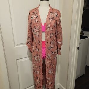 Floral Lace-Trim Long Kimono Robe in Dusty Rose